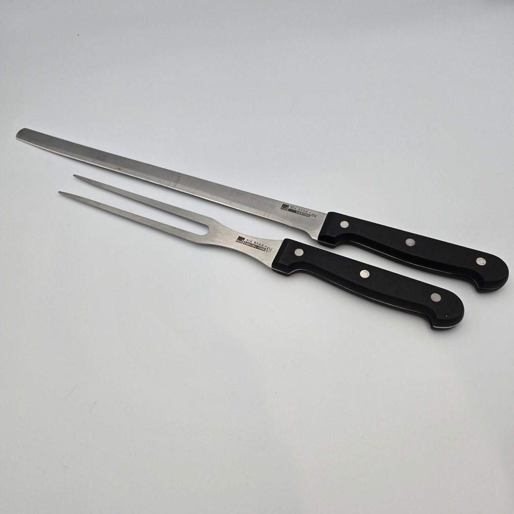 Ronco Six Star+ 2 Piece Carving Set Stainless Knife and Fork Black Triple Rivet